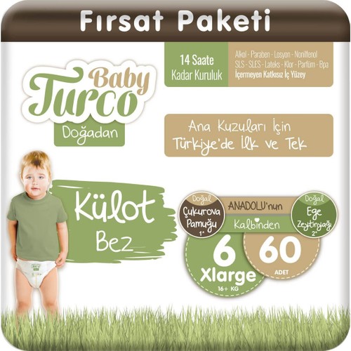 Baby Turco Doğadan Külot Bez 6 Numara Xlarge 60’lı