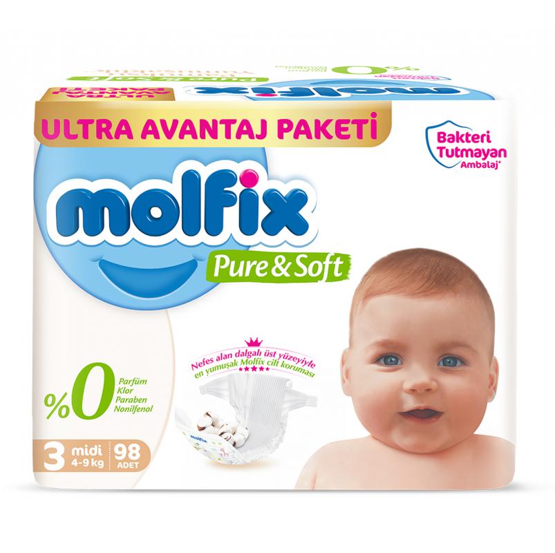 Molfix Pure Soft 3 Beden Midi 98’li Bebek Bezi