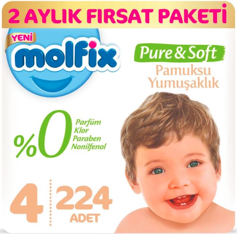 Molfix Pure&Soft Bebek Bezi 4 Beden 7-14 Kg 56lı 4 Paket 224 Adet