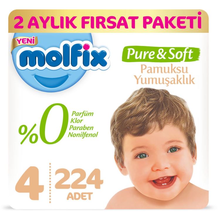 Molfix Pure&Soft Bebek Bezi 4 Beden 7-14 Kg 56lı 4 Paket 224 Adet