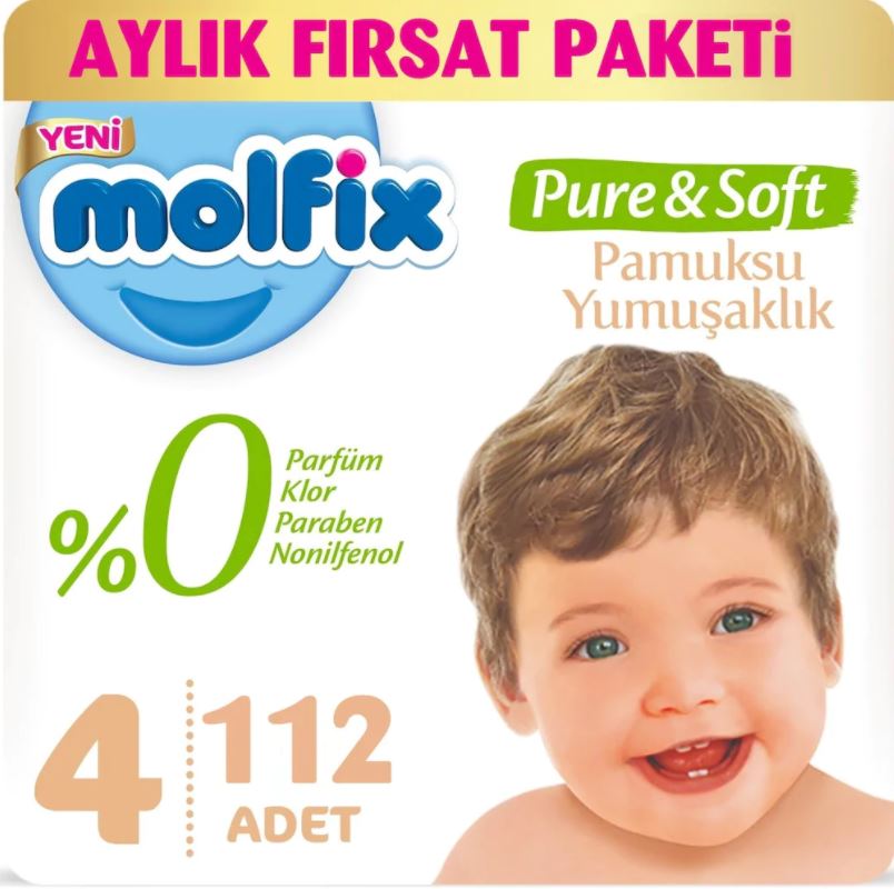 Molfix Pure&Soft Bebek Bezi 4 Beden 7-14 Kg 56lı 2 Paket 112 Adet