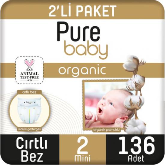 Pure Baby Organik Pamuklu Cırtlı Bez 2’li Paket 2 Numara Mini 136 Adet