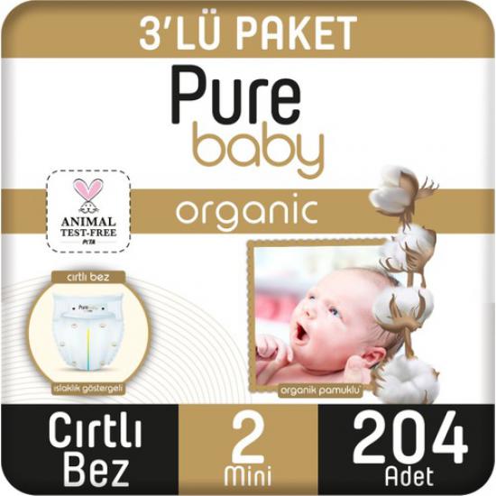 Pure Baby Organik Pamuklu Cırtlı Bez 3’lü Paket 2 Numara Mini 204 Adet