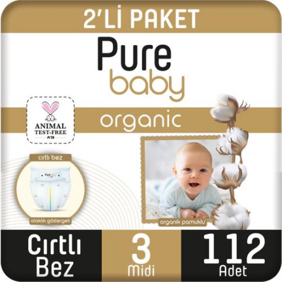 Pure Baby Organik Pamuklu Cırtlı Bez 2’li Paket 3 Numara Midi 112 Adet