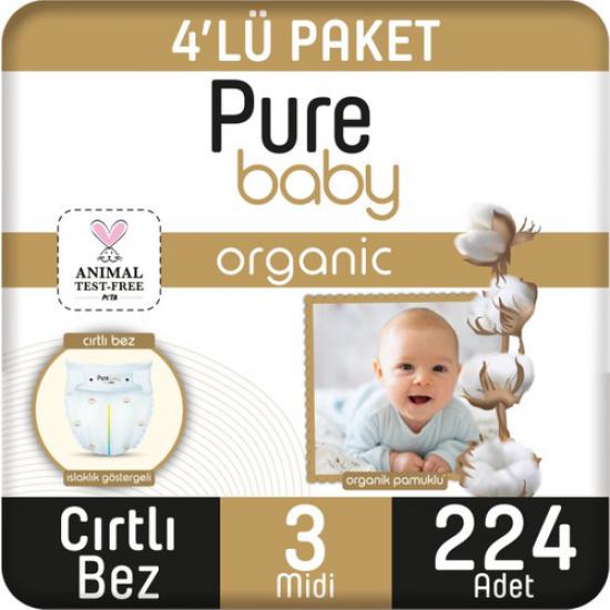 Pure Baby Organik Pamuklu Cırtlı Bez 4’lü Paket 3 Numara Midi 224 Adet