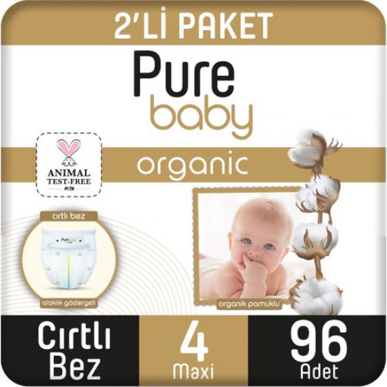 Pure Baby Organik Pamuklu Cırtlı Bez 2’li Paket 4 Numara Maxi 96 Adet