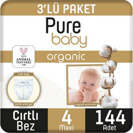 Pure Baby Organik Pamuklu Cırtlı Bez 3’lü Paket 4 Numara Maxi 144 Adet