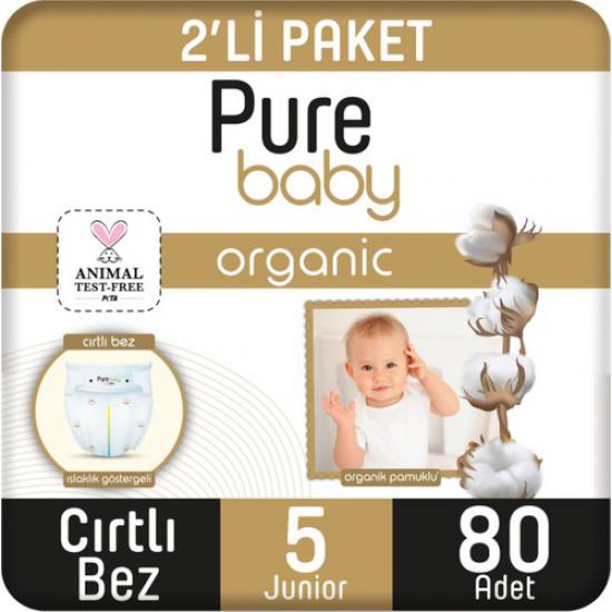 Pure Baby Organik Pamuklu Cırtlı Bez 2’li Paket 5 Numara Junior 80 Adet