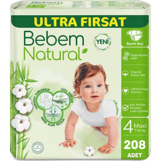 Bebem Natural Bebek Bezi Ultra Fırsat Paketi Maxi 4 No 208 Adet (104 x 2 Paket)