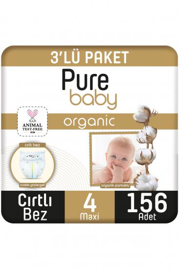 Pure Baby Organik Pamuklu Cırtlı Bez 3’Lü Paket 4 Numara Maxi 156 Adet