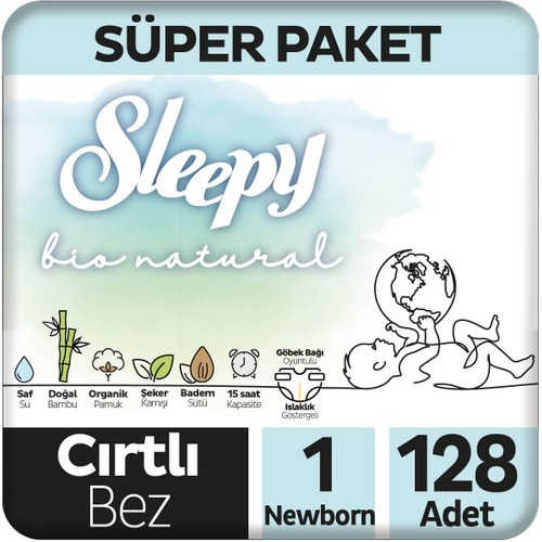 Sleepy Bio Natural Süper Paket Bebek Bezi 1 Numara Newborn 128 Adet