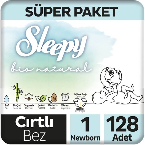 Sleepy Bio Natural Süper Paket Bebek Bezi 1 Numara Newborn 128 Adet