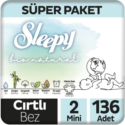 Sleepy Bio Natural Süper Paket Bebek Bezi 2 Numara Mini 136 Adet