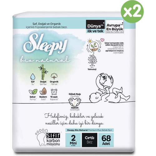 Sleepy Bio Natural Süper Paket Bebek Bezi 2 Numara Mini 136 Adet