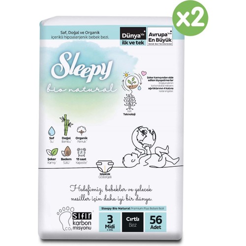 Sleepy Bio Natural Süper Paket Bebek Bezi 3 Numara Midi 112 Adet