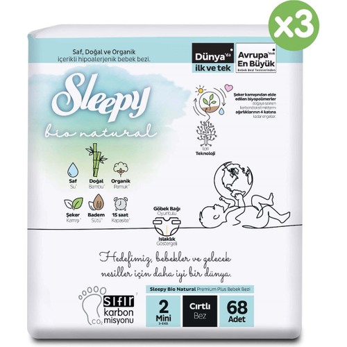 Sleepy Bio Natural Avantajlı Paket Bebek Bezi 2 Numara Mini 204 Adet