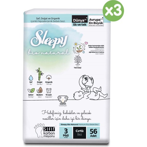 Sleepy Bio Natural Avantajlı Paket Bebek Bezi 3 Numara Midi 168 Adet