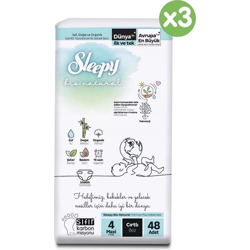 Sleepy Bio Natural Avantajlı Paket Bebek Bezi 4 Numara Maxi 144 Adet