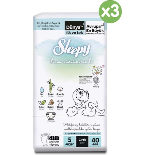 Sleepy Bio Natural Avantajlı Paket Bebek Bezi 5 Numara Junior 120 Adet