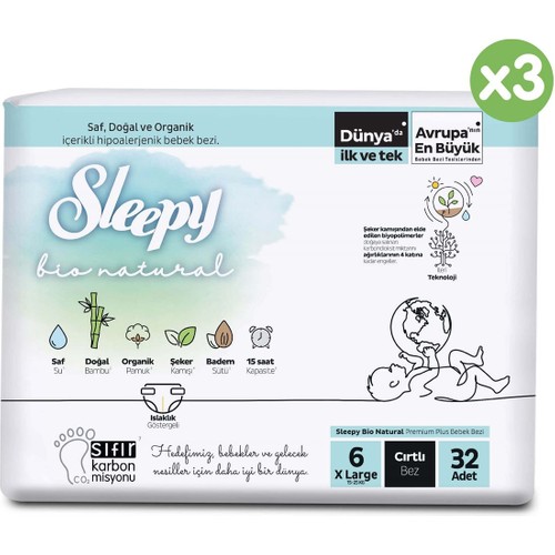 Sleepy Bio Natural Avantajlı Paket Bebek Bezi 6 Numara Xlarge 96 Adet